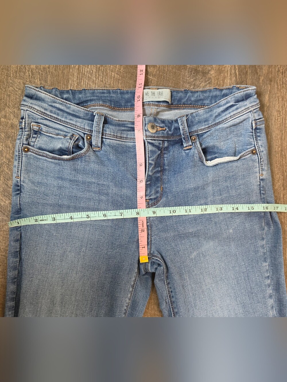 We The Free Flare Jeans Thick Cuff Womens 29 Med Light Wash Stretchy Mid Rise - Picture 9 of 13